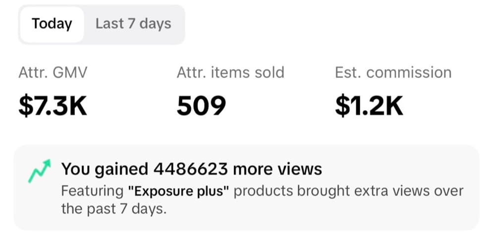 TikTok Shop dashboard, Aug 7, 2026 (single day): $7K commission GMV